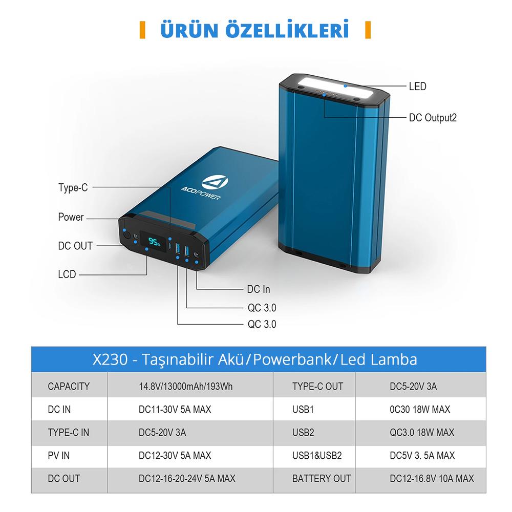 Acopower X230 14.8Volt 13Amper Li-ion Yedek Buzdolabı Aküsü + Powerbank + LED Lamba - . Görsel