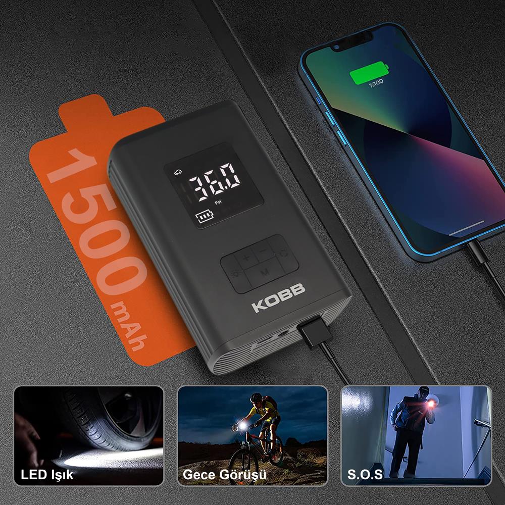 KOBB KB425 12V/Şarjlı Li-ion 150 PSI Dijital Göstergeli Akıllı Lastik Şişirme Pompası+ Powerbank + SOS + Led - . Görsel