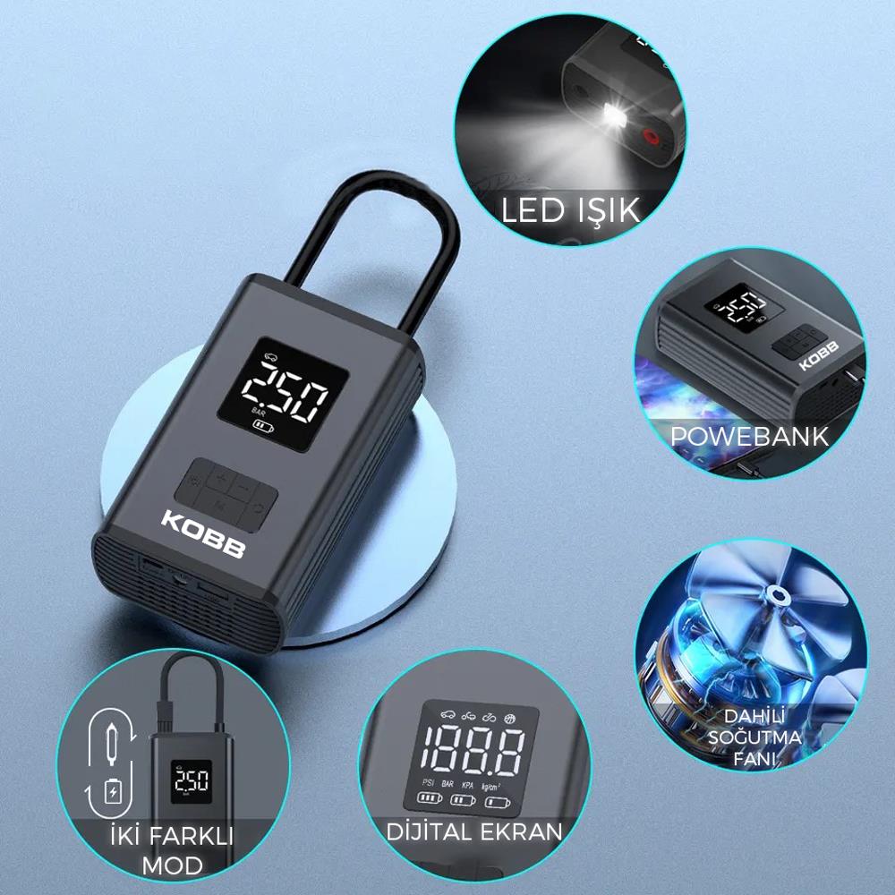 KOBB KB425 12V/Şarjlı Li-ion 150 PSI Dijital Göstergeli Akıllı Lastik Şişirme Pompası+ Powerbank + SOS + Led - . Görsel