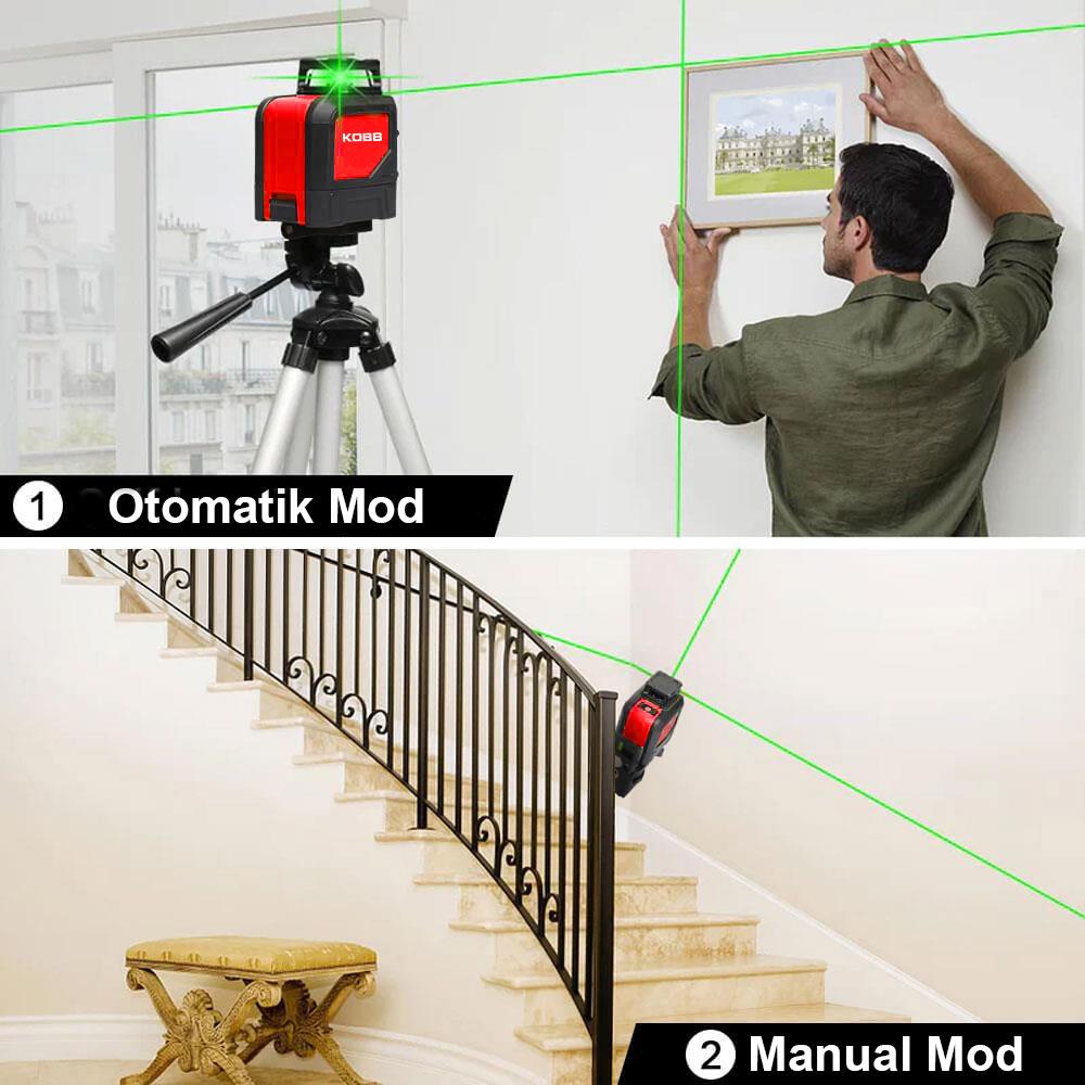 KOBB KBL30GTP 25 Metre Profesyonel Yatay 360° ve Dikey Otomatik Hizalamalı Yeşil Çapraz Çizgi Lazer Distomat + Tripod - . Görsel