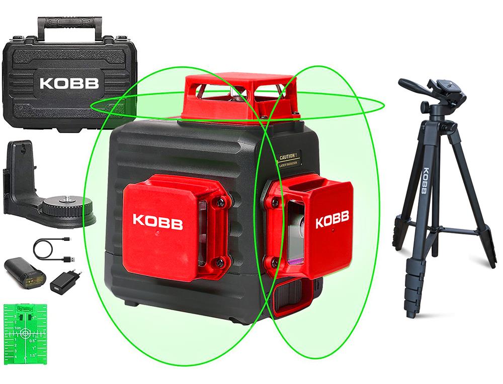 KOBB KBL34GTP 40 Metre Profesyonel Li-ion Şarjlı 3X360⁰ Otomatik Hizalamalı Yeşil Çapraz Çizgi Lazer Distomat+Tripod - . Görsel