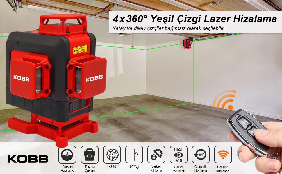 KOBB KBL35G Profesyonel Li-ion Şarjlı 4X360⁰ Otomatik Hizalamalı Yeşil Çapraz Çizgi Lazer Distomat+Uzaktan Kumanda - . Görsel