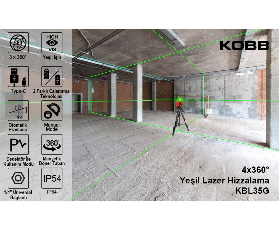 KOBB KBL35G Profesyonel Li-ion Şarjlı 4X360⁰ Otomatik Hizalamalı Yeşil Çapraz Çizgi Lazer Distomat+Uzaktan Kumanda - . Görsel