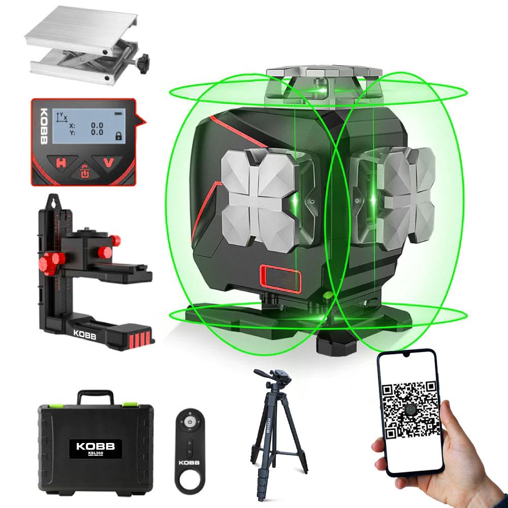 KOBB KBL36GTP Profesyonel Li-ion Şarjlı 4X360⁰ LCD Ekran Otomatik Hizalamalı Yeşil Çapraz Çizgi Lazer Distomat+Tripod - . Görsel