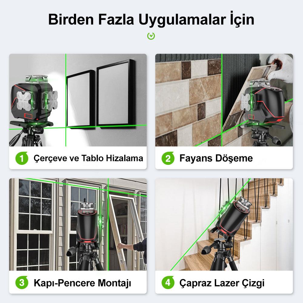 KOBB KBL36GTP Profesyonel Li-ion Şarjlı 4X360⁰ LCD Ekran Otomatik Hizalamalı Yeşil Çapraz Çizgi Lazer Distomat+Tripod - . Görsel