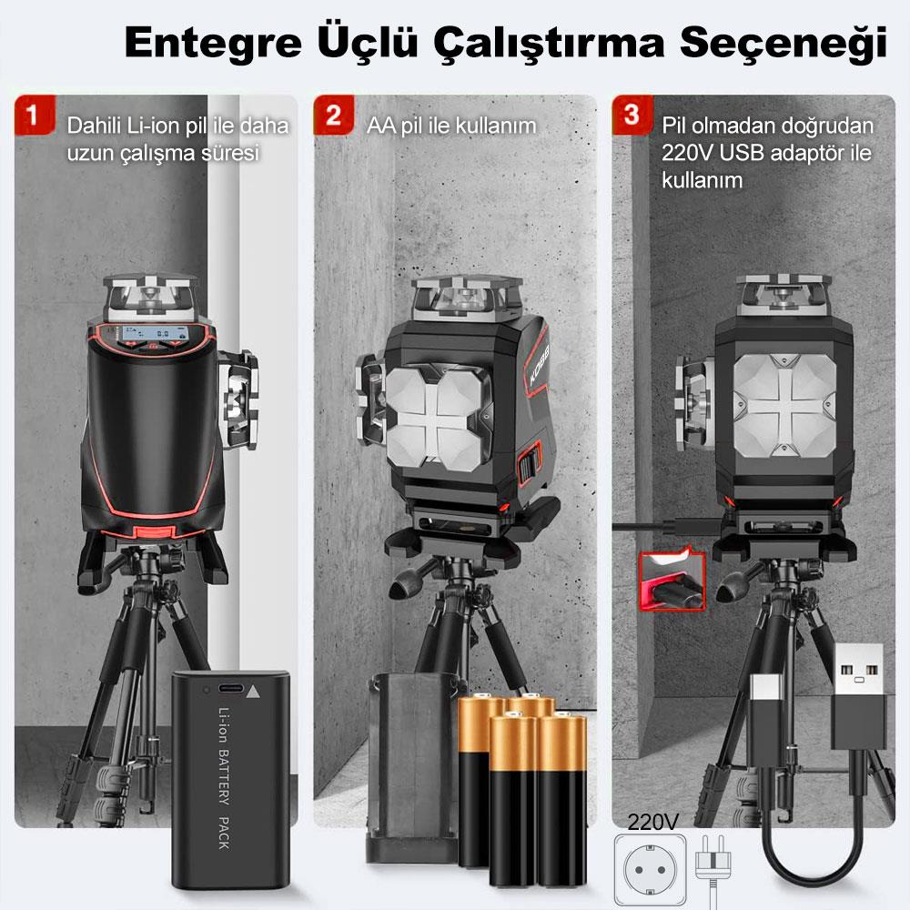 KOBB KBL36GTP Profesyonel Li-ion Şarjlı 4X360⁰ LCD Ekran Otomatik Hizalamalı Yeşil Çapraz Çizgi Lazer Distomat+Tripod - . Görsel