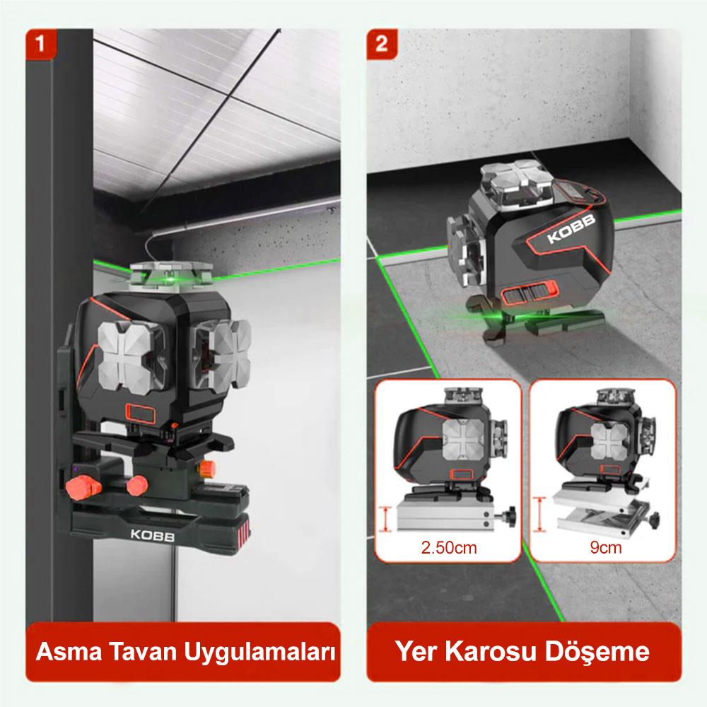 KOBB KBL36GTP Profesyonel Li-ion Şarjlı 4X360⁰ LCD Ekran Otomatik Hizalamalı Yeşil Çapraz Çizgi Lazer Distomat+Tripod - . Görsel