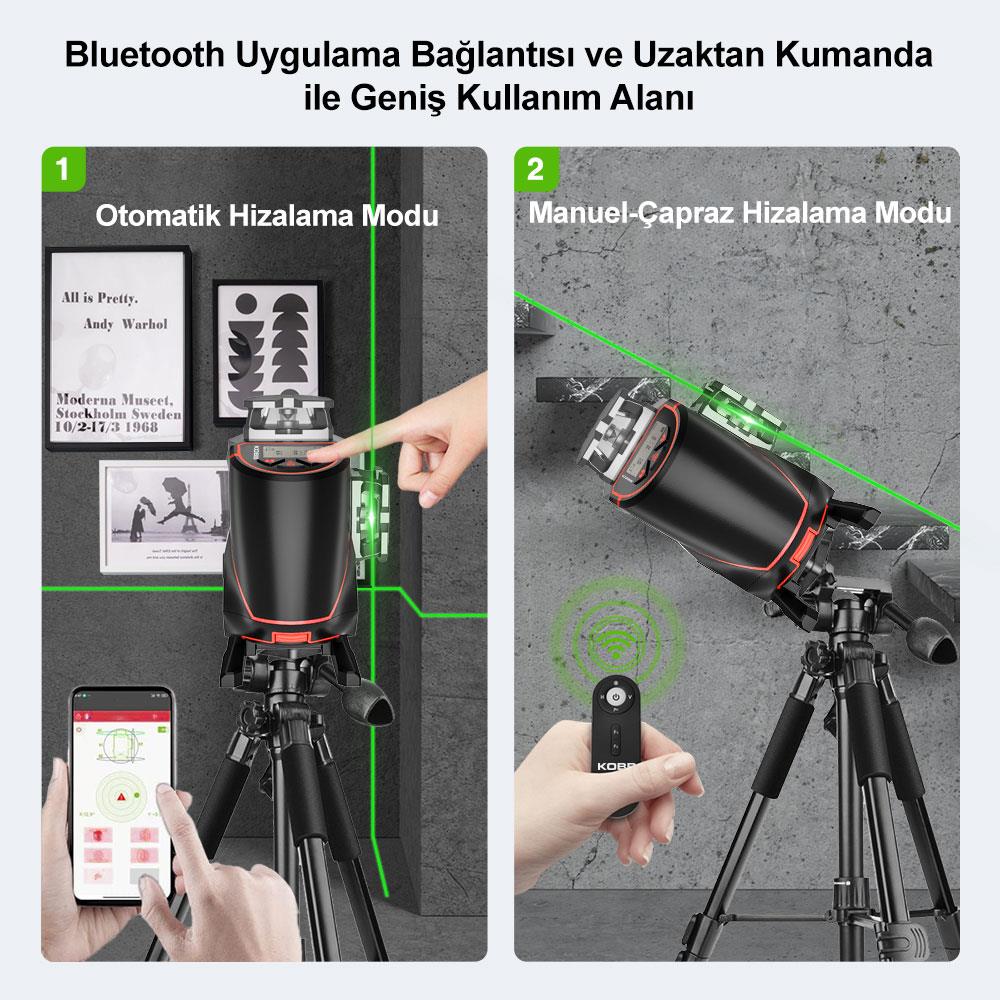 KOBB KBL36GTP Profesyonel Li-ion Şarjlı 4X360⁰ LCD Ekran Otomatik Hizalamalı Yeşil Çapraz Çizgi Lazer Distomat+Tripod - . Görsel