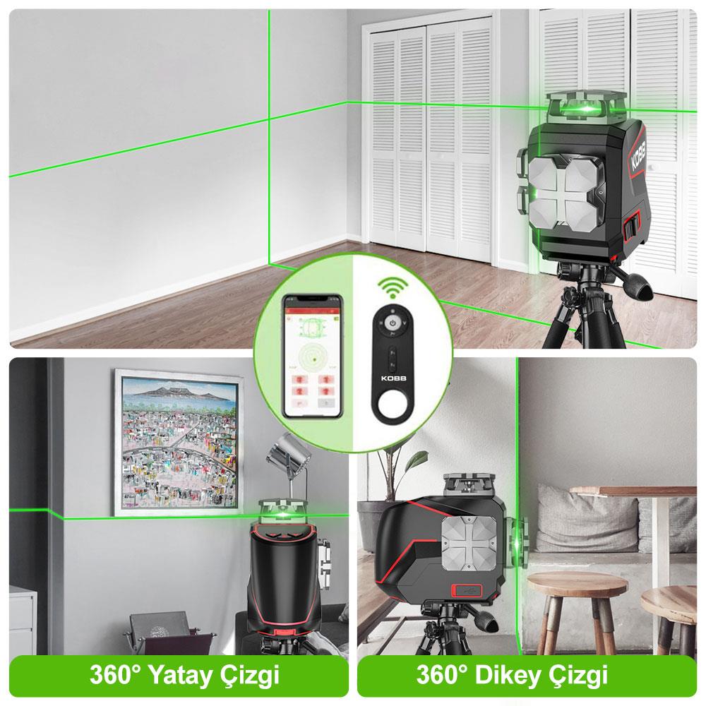 KOBB KBL36GTP Profesyonel Li-ion Şarjlı 4X360⁰ LCD Ekran Otomatik Hizalamalı Yeşil Çapraz Çizgi Lazer Distomat+Tripod - . Görsel