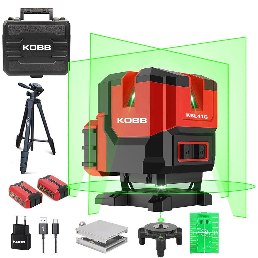 KOBB KBL41GTP 30M 4x90⁰/1x360⁰ Otomatik Hizalamalı Li-ion Çift Akü Profesyonel Yeşil Çizgi Lazer Distomat + Tripod - . Görsel