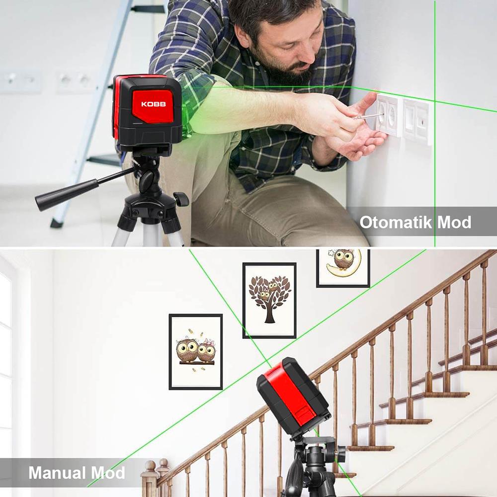KOBB KBL91GTP 30 Metre Profesyonel Yatay ve Dikey Otomatik Hizalamalı Yeşil Çapraz Çizgi Lazer Distomat + Tripod - . Görsel