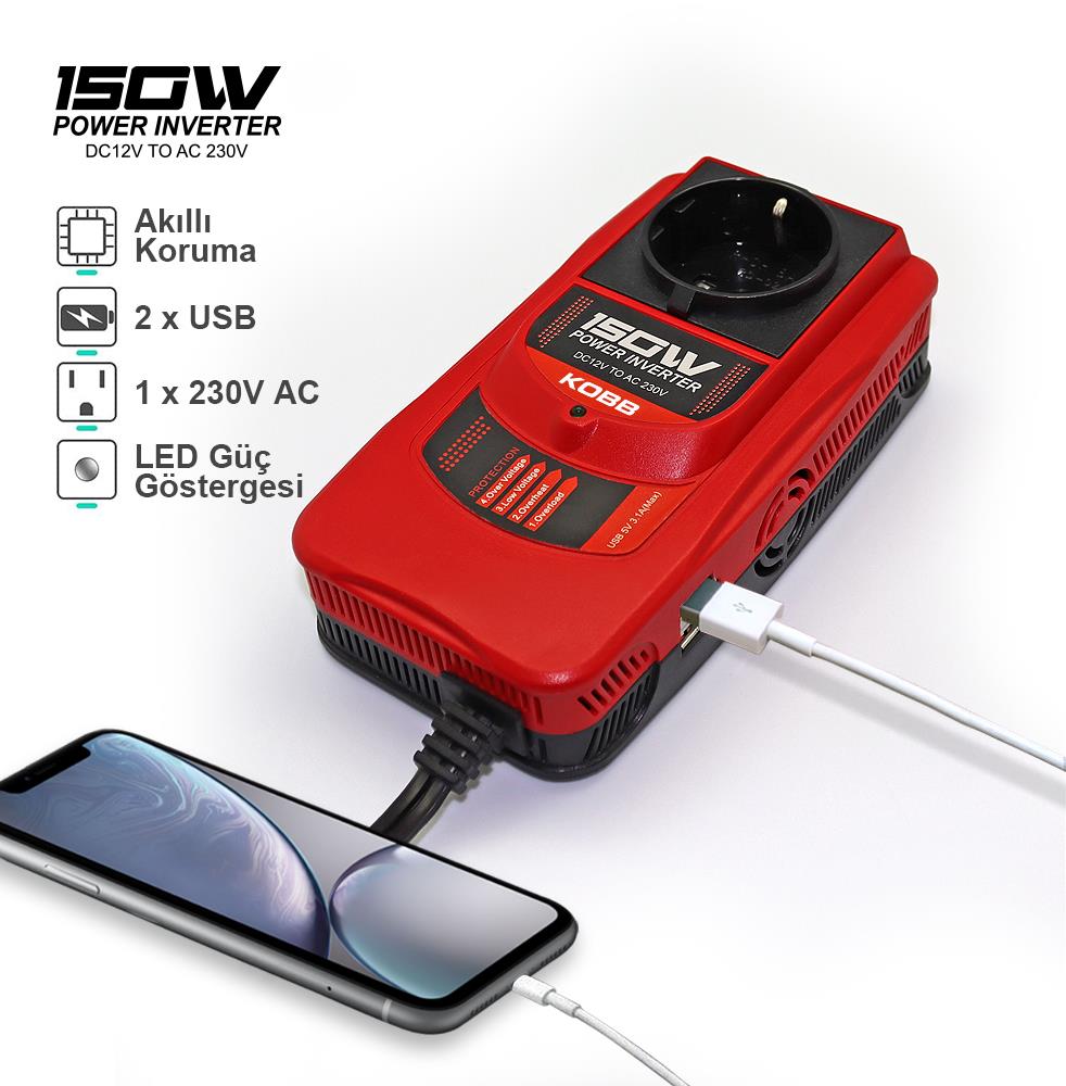 KOBB KBN150 12V/220V 150Watt Modifiye Sinüs Dönüştürücü İnvertör - . Görsel
