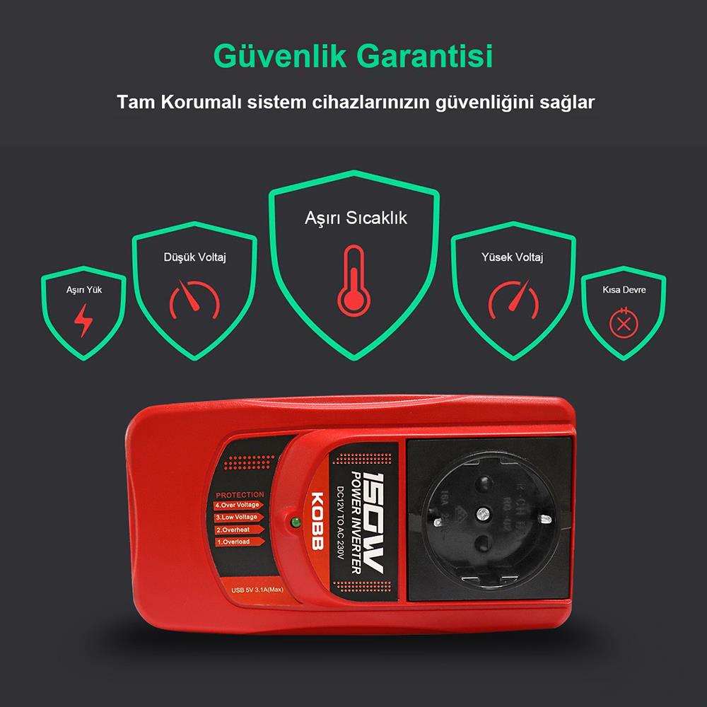 KOBB KBN150 12V/220V 150Watt Modifiye Sinüs Dönüştürücü İnvertör - . Görsel