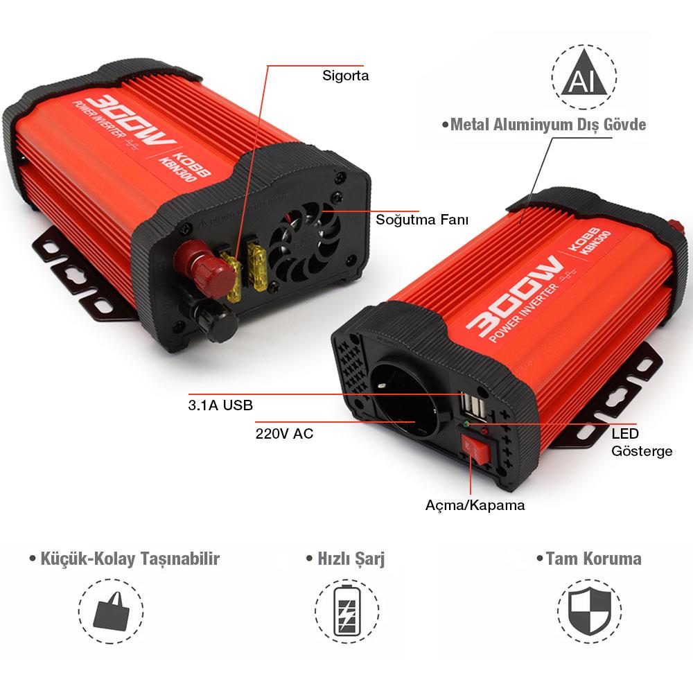 KOBB KBN300 12V/220V 300Watt Modifiye Sinüs Dönüştürücü İnvertör - . Görsel