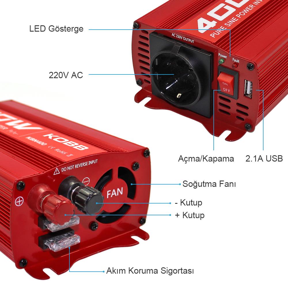 KOBB KBN400 12V/220V 400Watt Tam Sinüs Dönüştürücü İnvertör - . Görsel
