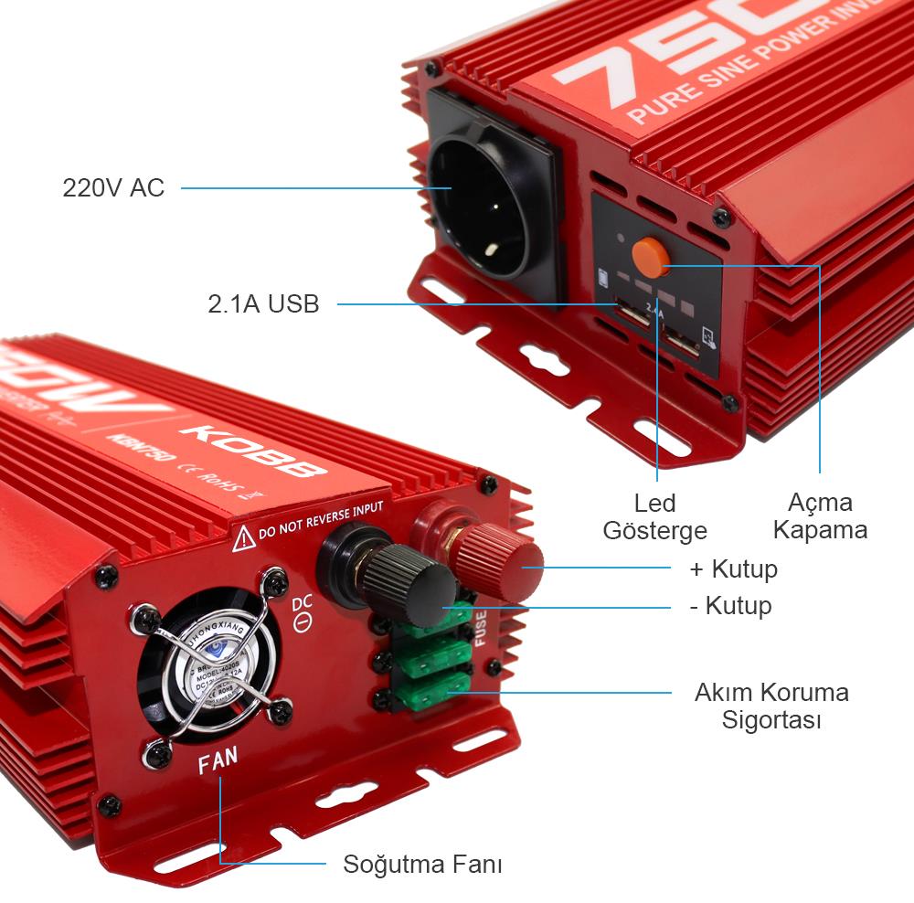 KOBB KBN750 12V/220V 750Watt Tam Sinüs Dönüştürücü İnvertör - . Görsel