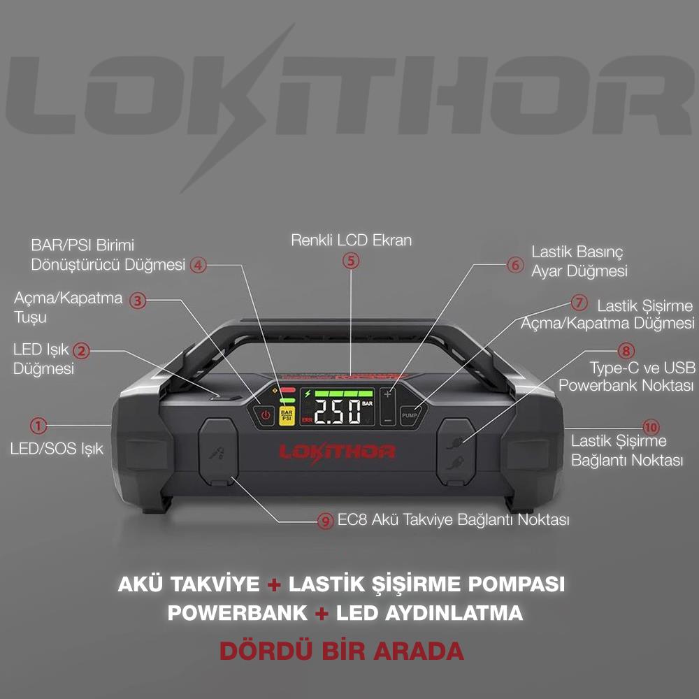 LOKITHOR JA301 12V 2000Amp Li-Polimer Akıllı Akü Takviye + Pompa + Powerbank + Led Lamba - . Görsel