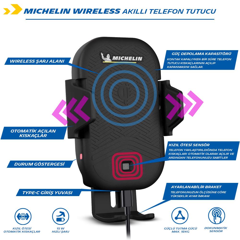 Michelin MC33368 Wireless Telefon Şarj Cihazı ve Dokunmatik Akıllı Telefon Tutucu - . Görsel