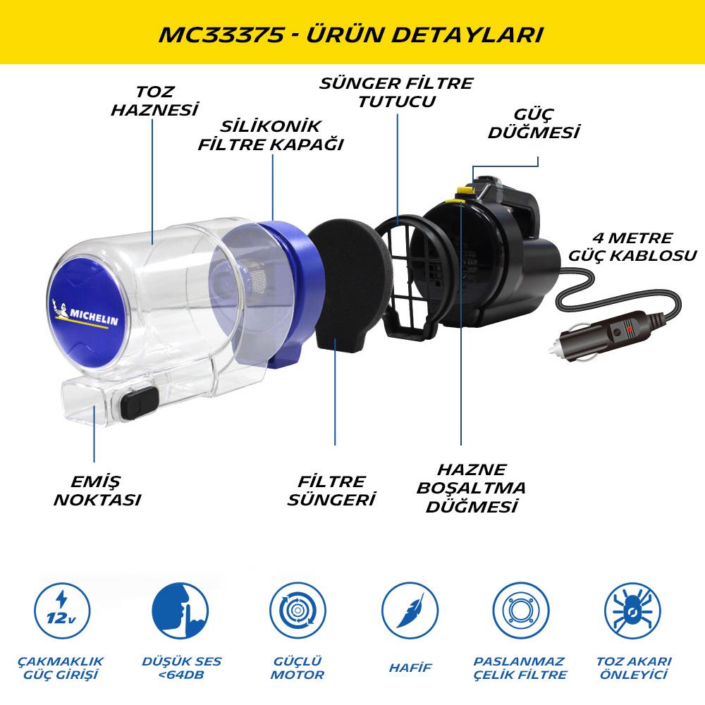 Michelin MC33375 12Volt/150Watt Araç Süpürgesi + 4 Parça Aksesuar Seti - . Görsel