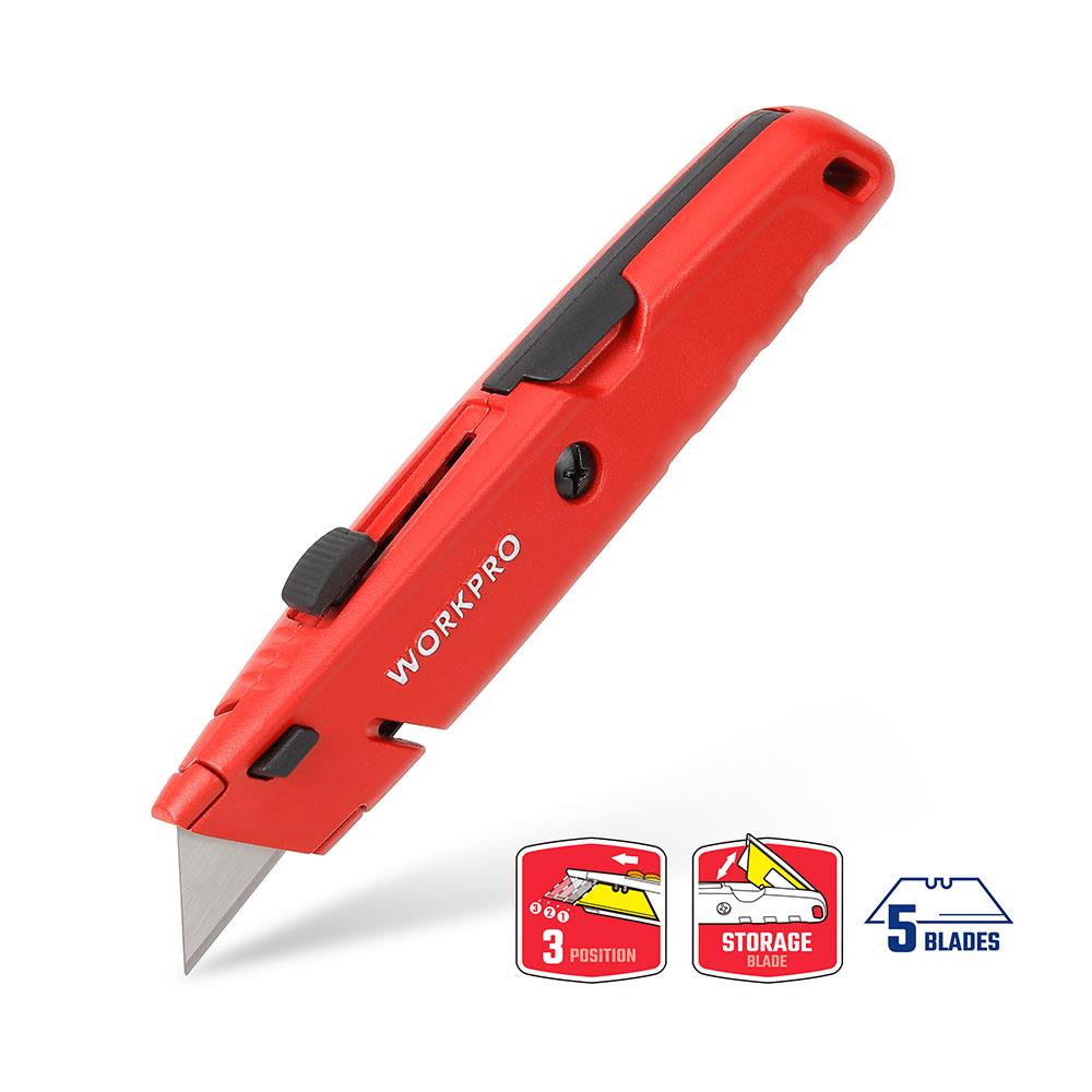 WORKPRO WP213009 Ağır Hizmet Alüminyum Gövde Geri Çekilebilir Rötuş Maket Bıçağı + 5 Adet Yedek Bıçak - . Görsel