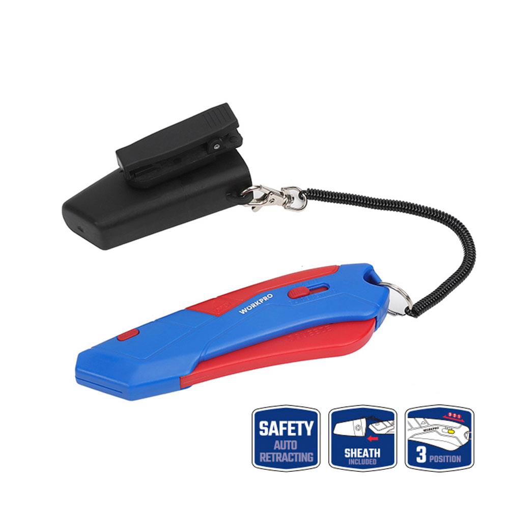 WORKPRO WP213010 Kemer Askı Kancalı Otomatik Geri Çekilebilir Mandallı Rötuş Maket Bıçağı + 3 Adet Yedek Bıçak - . Görsel