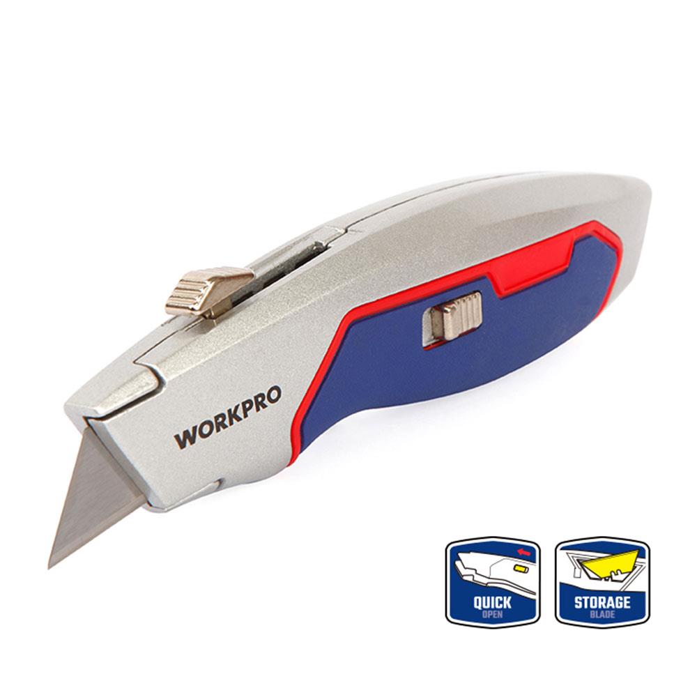 WORKPRO WP213011 Ağır Hizmet Alüminyum Gövde Geri Çekilebilir Rötuş Maket Bıçağı + 3 Adet Yedek Bıçak - . Görsel