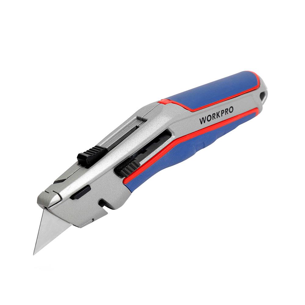 WORKPRO WP213015 Ağır Hizmet Alüminyum Gövde Otomatik Geri Çekilebilir Rötuş Maket Bıçağı + 5 Adet Yedek Bıçak - . Görsel