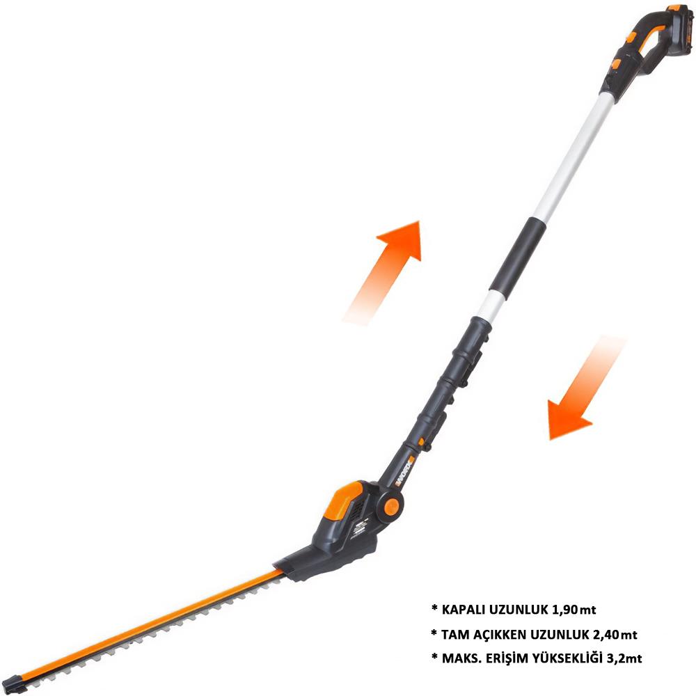 WORX WG252E 20Volt 2.0Ah Li-ion Tek Akülü 45CM Profesyonel Teleskobik Saplı Açı Ayarlı Çit Budama - . Görsel