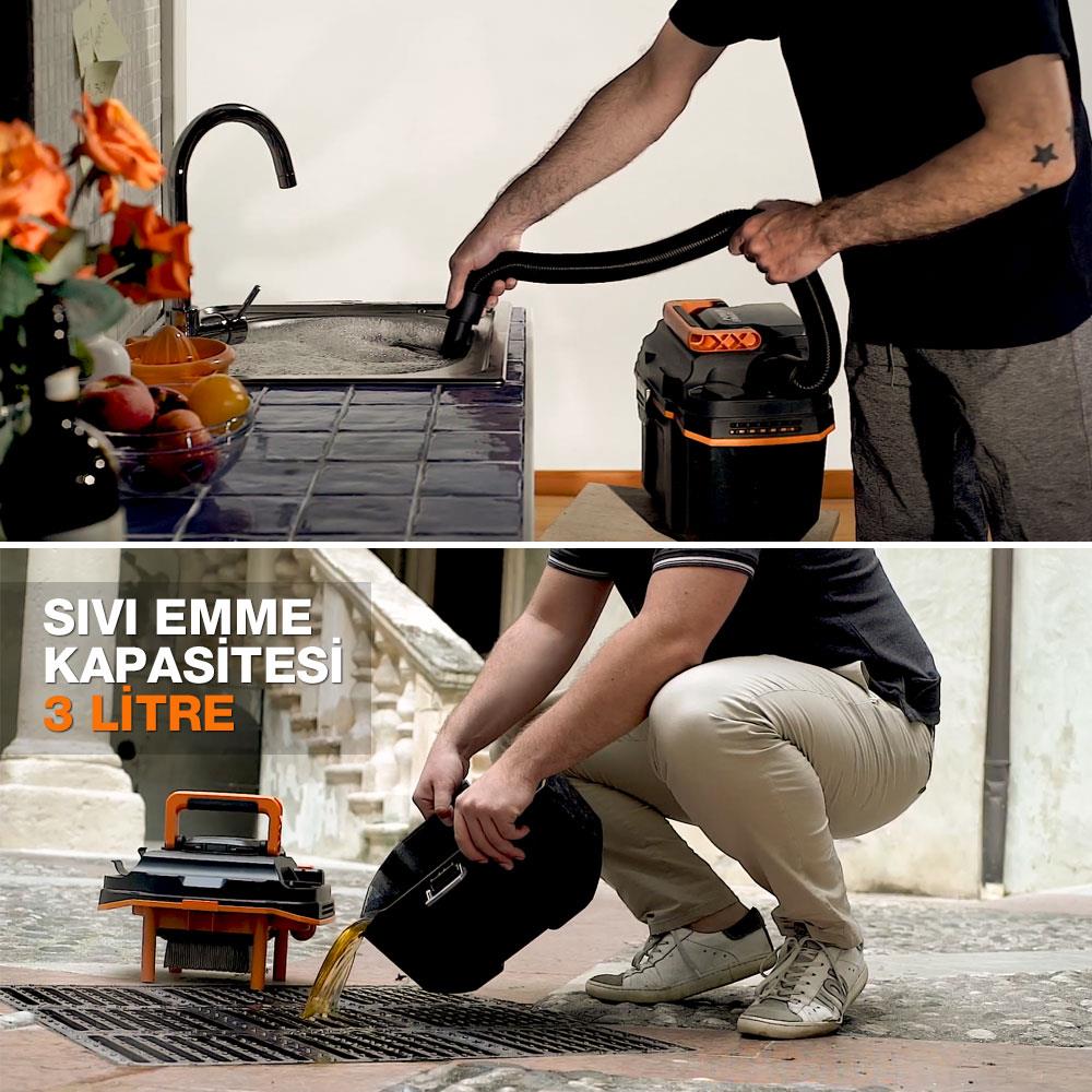 WORX WX031 20Volt 4.0Ah. 200W/16Kpa Li-ion Kömürsüz Flexi Esnek Hortumlu Profesyonel Şarjlı Islak/Kuru Süpürge & Üfleme - . Görsel