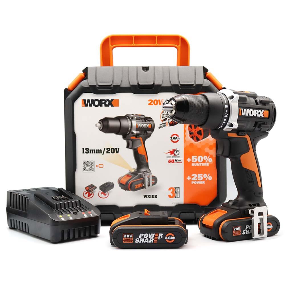 WORX WX102 20Volt/2.0Ah Li-ion Çift Akülü Kömürsüz Profesyonel Şarjlı Matkap - . Görsel