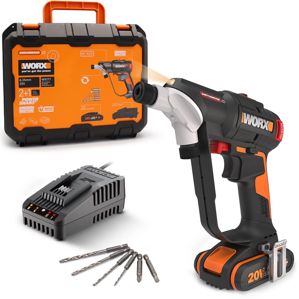 WORX WX177 20Volt/2.0Ah Li-ion Döner Kafa ve Çift Mandrenli Profesyonel Kömürsüz Şarjlı Matkap + 6 Parça Uç - . Görsel