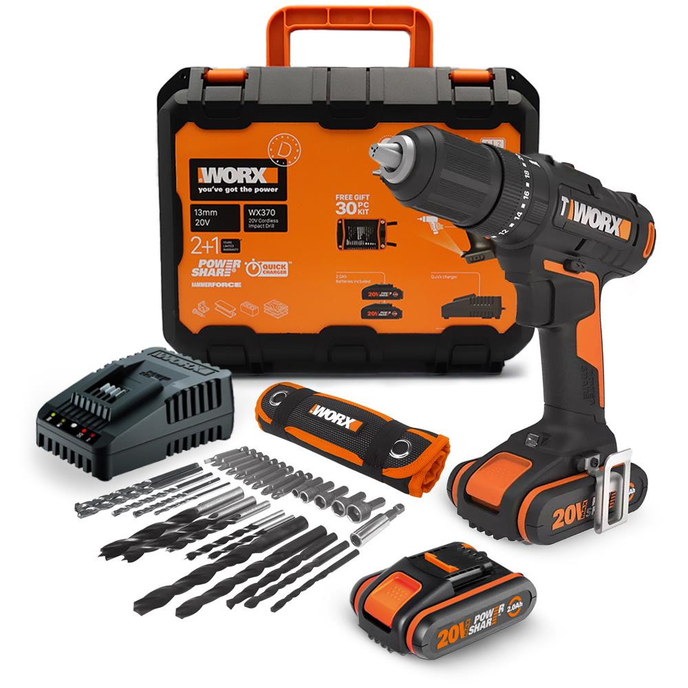 WORX WX370 20Volt/2Ah. Li-ion Çift Akülü Profesyonel Şarjlı Darbeli Matkap + 30 Parça Aksesuar Seti - . Görsel