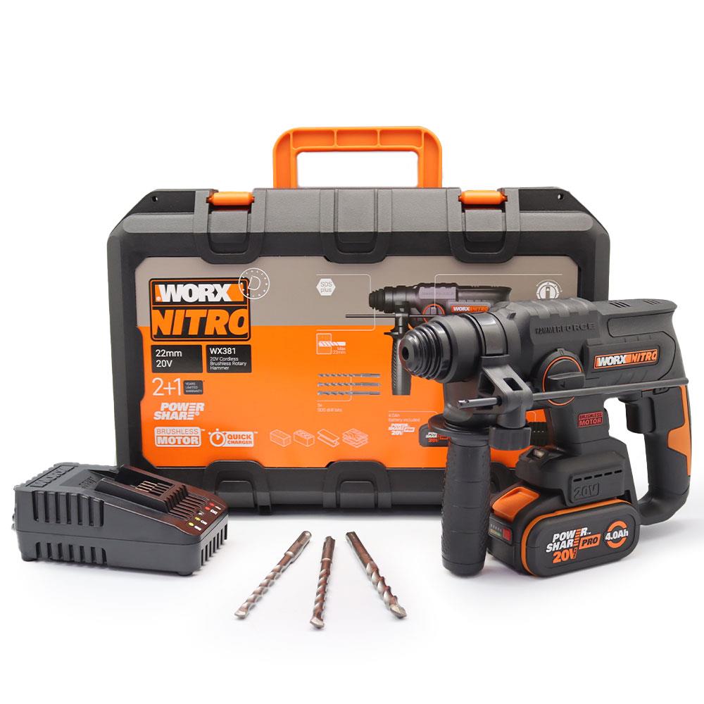WORX WX381 20Volt 4.0Ah. 2J Li-ion Tek Akülü Profesyonel SDS-Plus Pnömatik Kırıcı/Delici + 3 Parça Delme Ucu - . Görsel