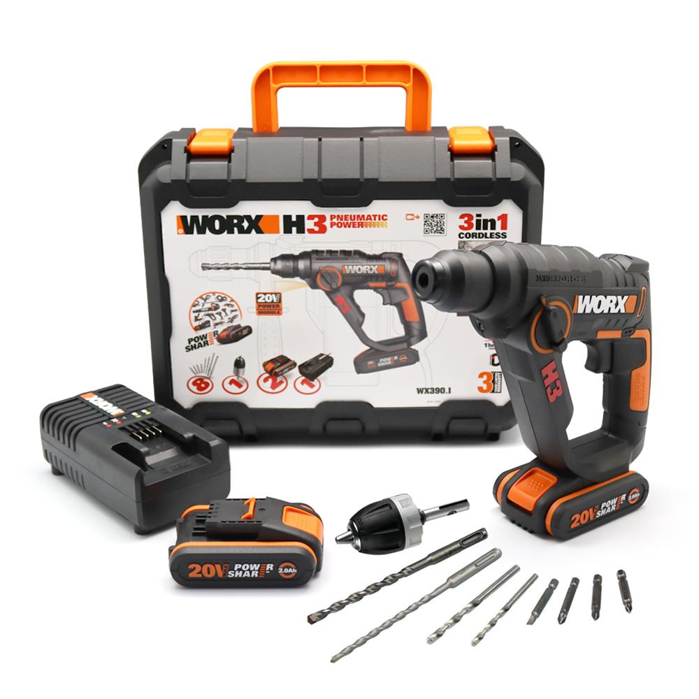 WORX WX390.1 20Volt 2.0Ah. Li-ion 1.2J Profesyonel SDS-Plus Pnömatik Çift Akülü Şarjlı Matkap + 8 Adet Uç + Mandren - . Görsel