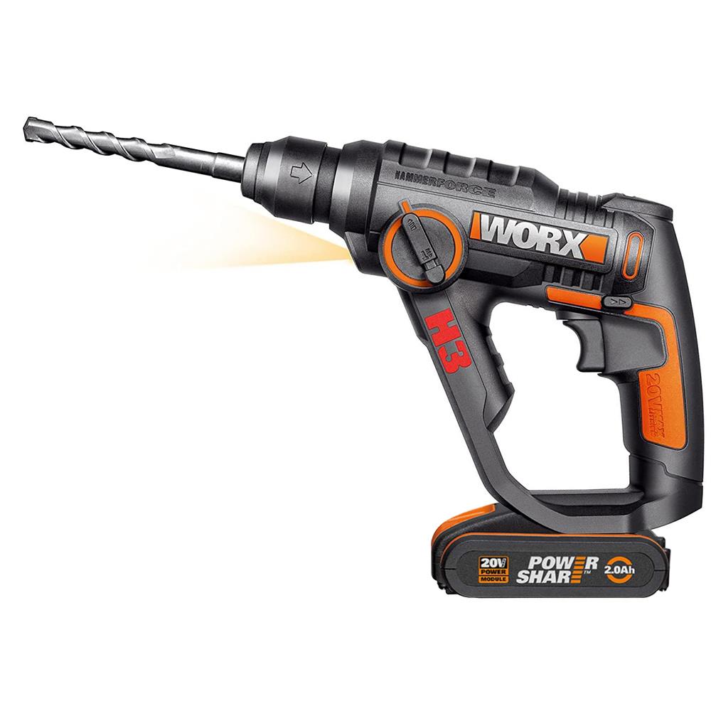 WORX WX390.1 20Volt 2.0Ah. Li-ion 1.2J Profesyonel SDS-Plus Pnömatik Çift Akülü Şarjlı Matkap + 8 Adet Uç + Mandren - . Görsel