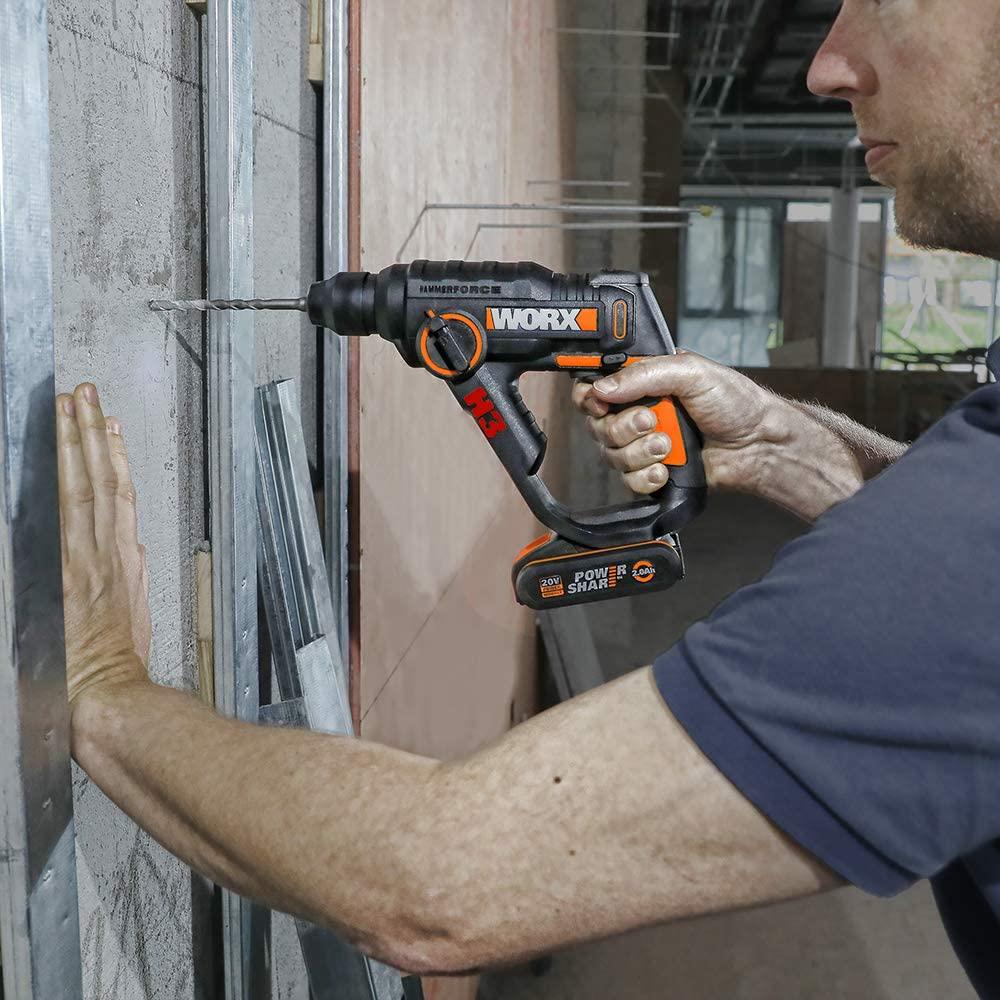 WORX WX390.1 20Volt 2.0Ah. Li-ion 1.2J Profesyonel SDS-Plus Pnömatik Çift Akülü Şarjlı Matkap + 8 Adet Uç + Mandren - . Görsel