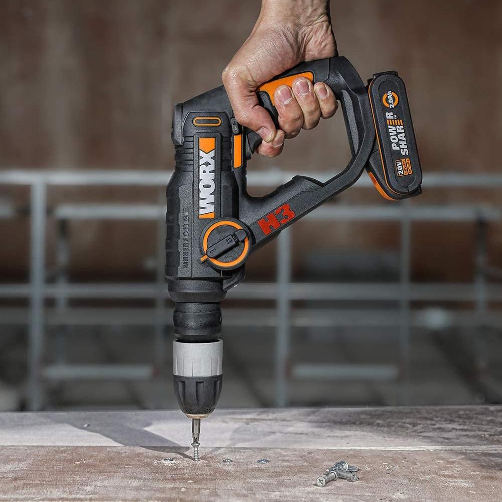 WORX WX390.1 20Volt 2.0Ah. Li-ion 1.2J Profesyonel SDS-Plus Pnömatik Çift Akülü Şarjlı Matkap + 8 Adet Uç + Mandren - . Görsel