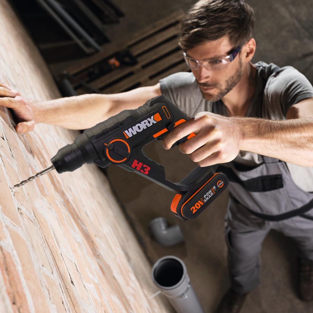 WORX WX390.1 20Volt 2.0Ah. Li-ion 1.2J Profesyonel SDS-Plus Pnömatik Çift Akülü Şarjlı Matkap + 8 Adet Uç + Mandren - . Görsel