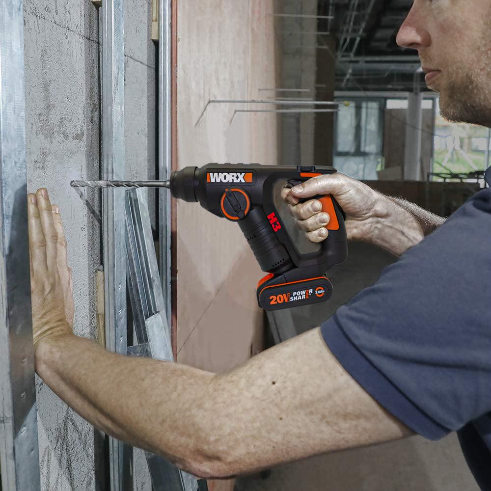 WORX WX394.3 20Volt 2.0Ah. Li-ion 1.5J Profesyonel SDS-Plus Pnömatik Şarjlı Matkap+9 Adet Uç+Mandren - . Görsel