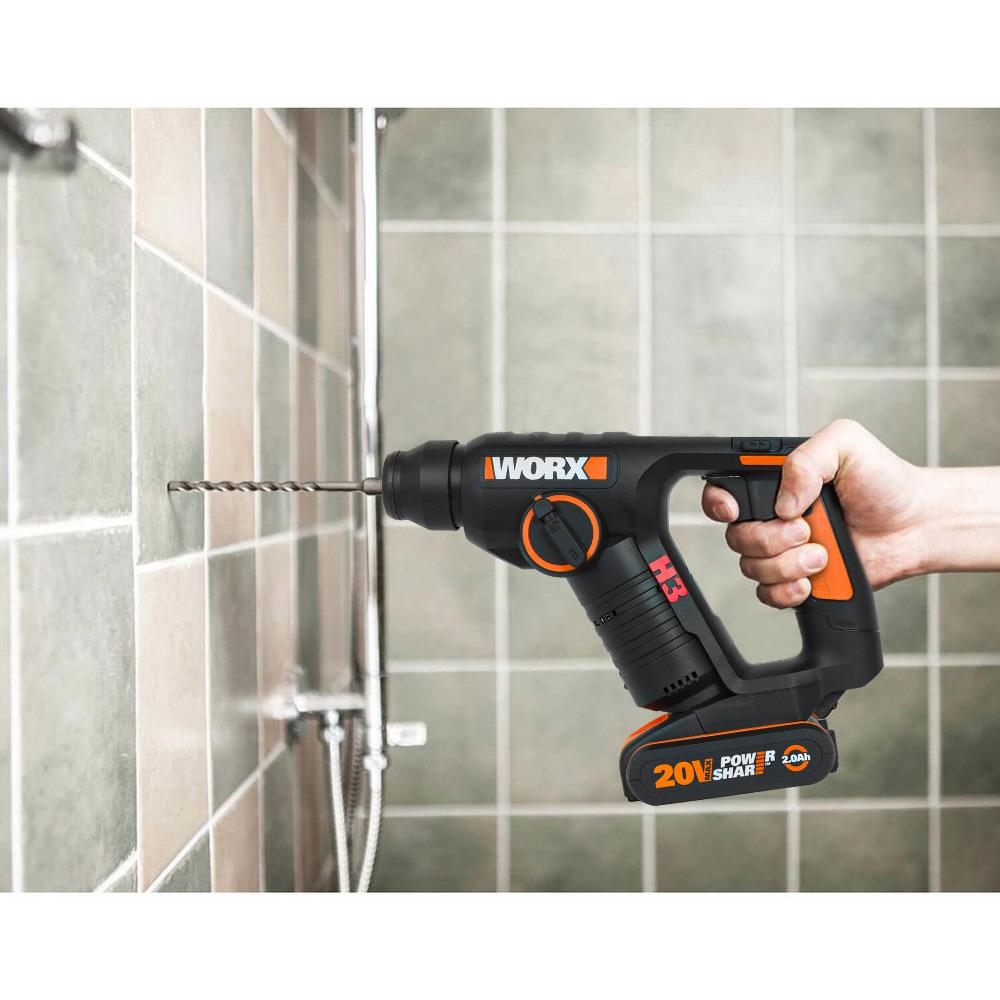 WORX WX394.3 20Volt 2.0Ah. Li-ion 1.5J Profesyonel SDS-Plus Pnömatik Şarjlı Matkap+9 Adet Uç+Mandren - . Görsel