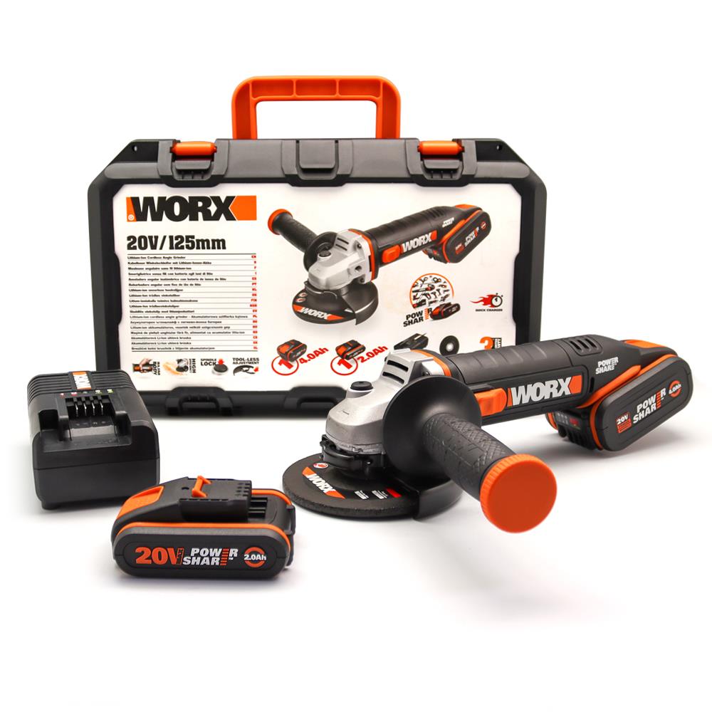 WORX WX803 20Volt 2.0/4.0 Ah. Li-ion Çift Akülü 125mm Profesyonel Şarjlı Avuç Taşlama - . Görsel