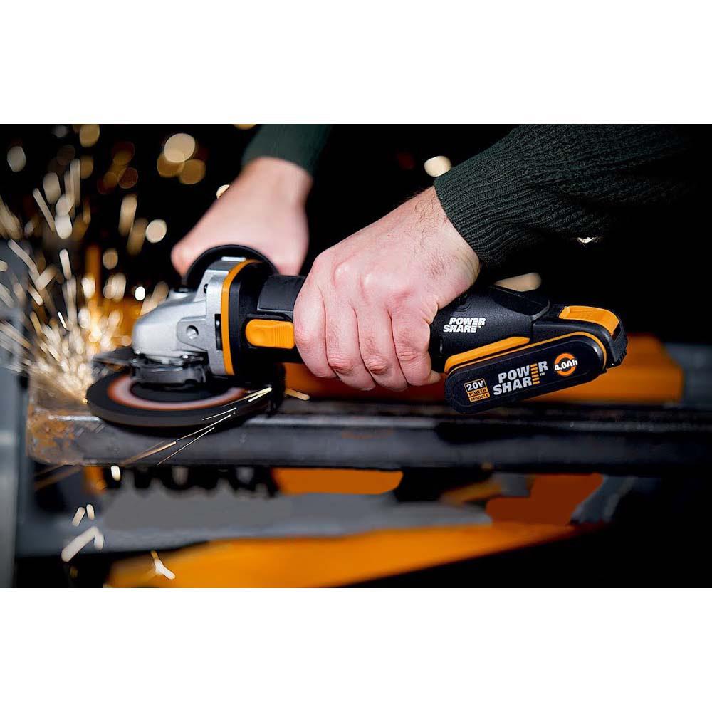 WORX WX803 20Volt 2.0/4.0 Ah. Li-ion Çift Akülü 125mm Profesyonel Şarjlı Avuç Taşlama - . Görsel