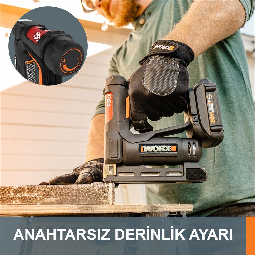 WORX WX843 20Volt/2.0Ah. Li-ion Şarjlı Profesyonel 6-14mm Zımba ve 15mm Çivi Çakma + 3500 adet Yedek Zımba ve Çivi - . Görsel