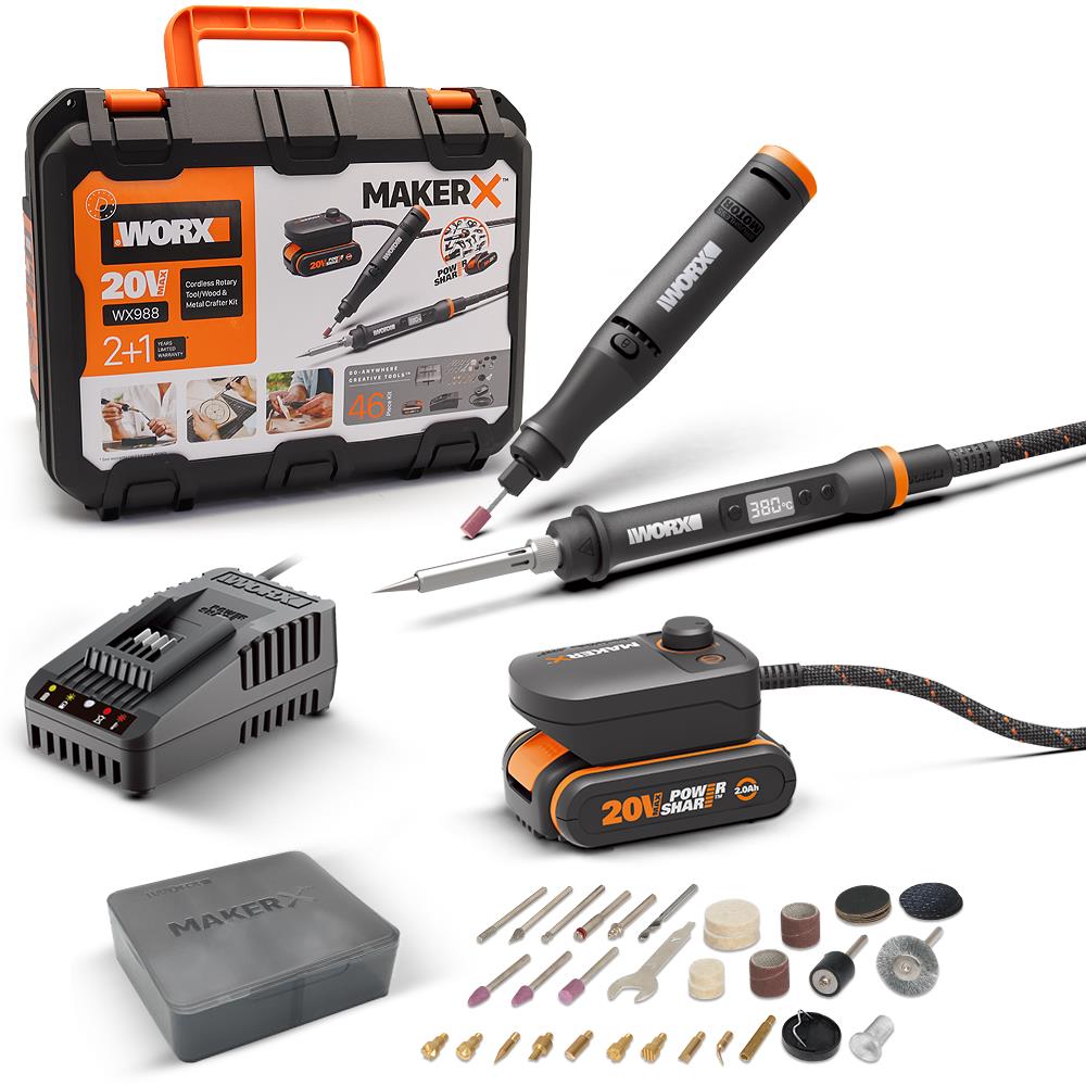 WORX WX988 MAKERX 20Volt 2.0Ah. Kömürsüz Profesyonel Kalem Tipi Devir Ayarlı Gravür Seti + Kalem Tipi Dijital Lehim ve Ahşap Yakma Seti + 46 Parça Aksesuar - . Görsel