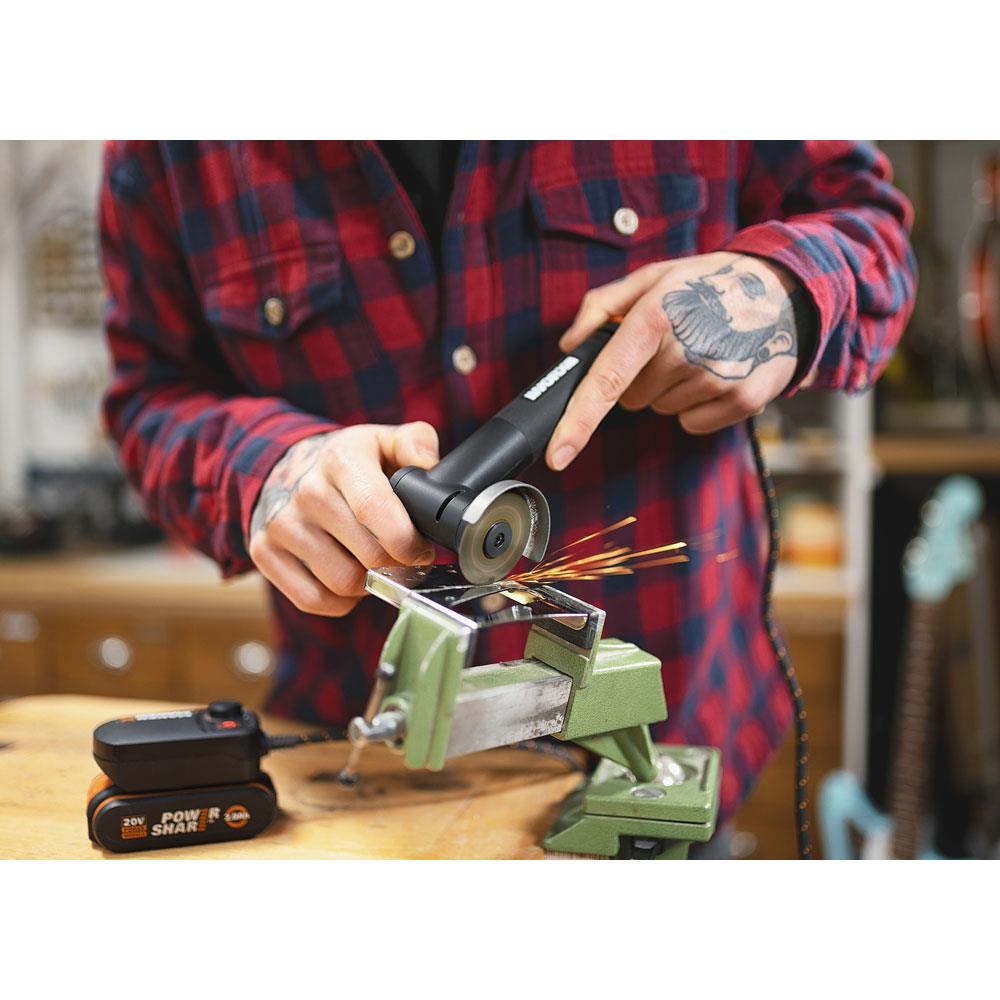 WORX WX990 MAKERX 20Volt 2.0Ah. Kömürsüz Profesyonel Gravür + 50MM Açılı Avuç Taşlama Kombo Set + 39 Parça aksesuar - . Görsel